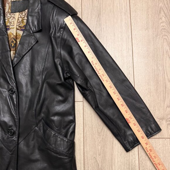 Vintage 90s Hunt Club Trench Men's Black Leather Trench Coat - Picture 6 of 11